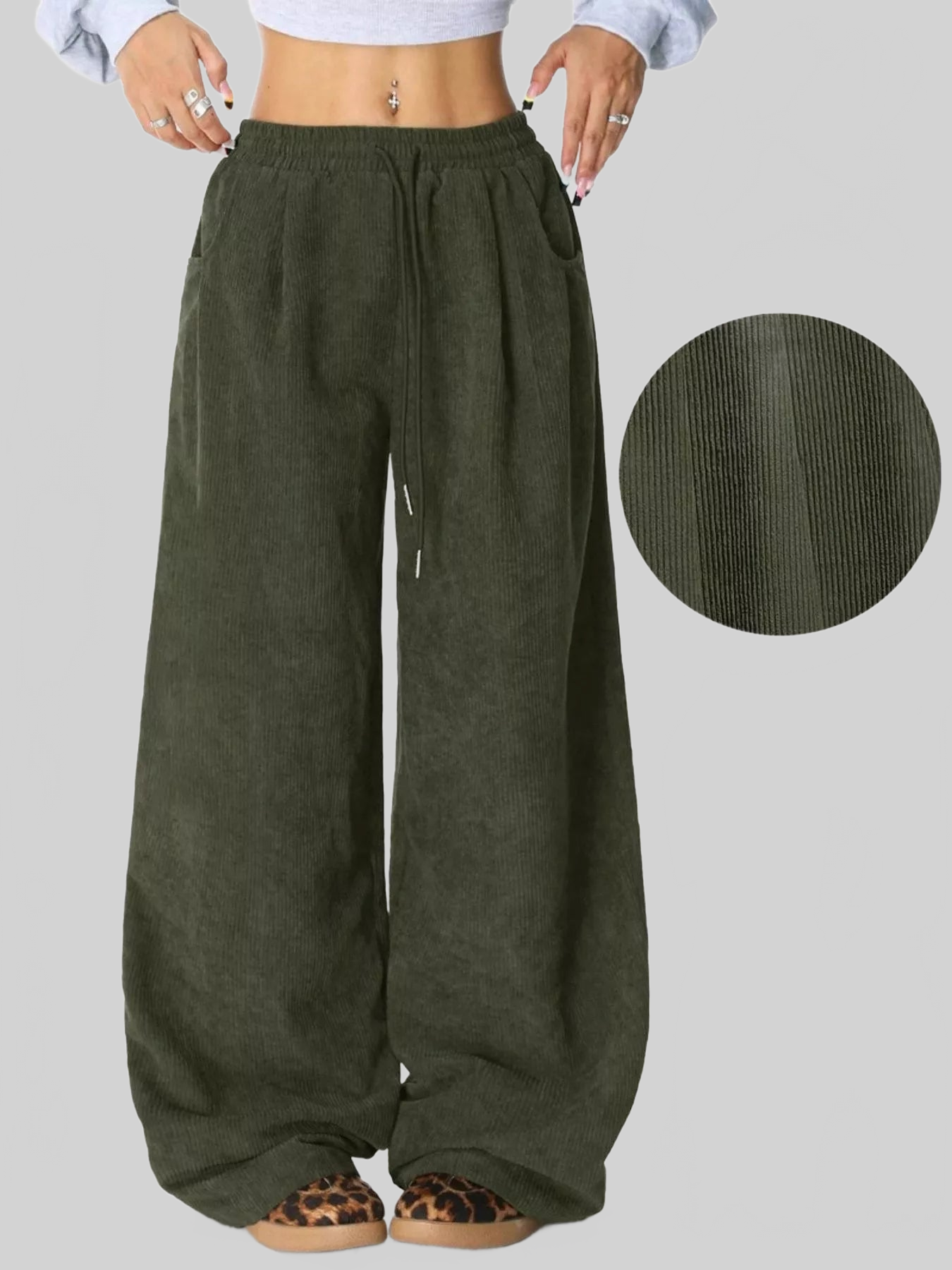 Women Wide Leg Corduroy Drawstring Pants nicholesgifts
