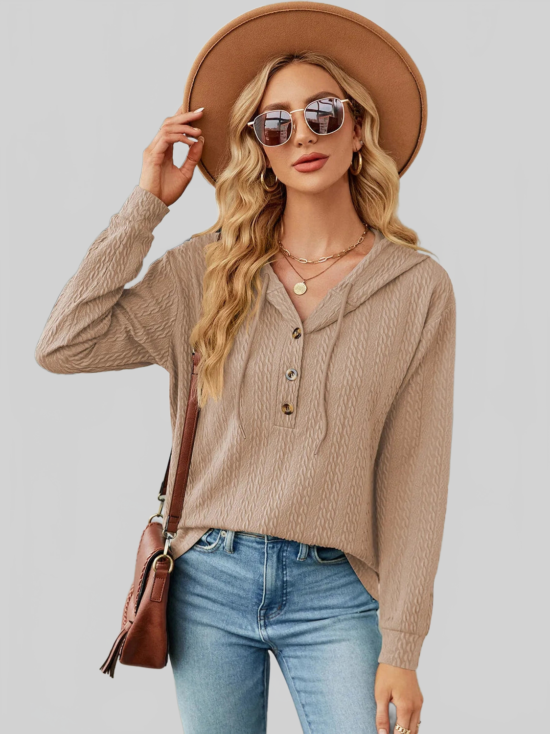 Drawstring Half Button Long Sleeve Hoodie nicholesgifts