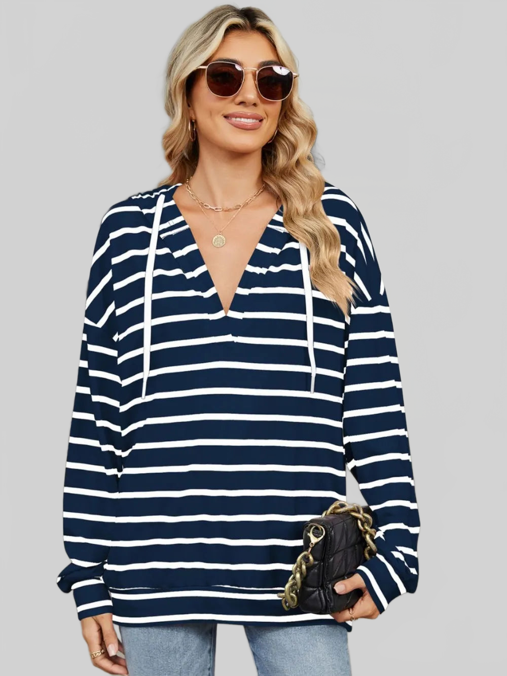 Drawstring Striped Long Sleeve Hoodie NicholesGifts
