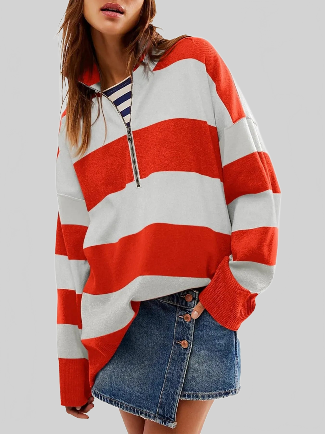 Women Striped Half-Zip Oversized Sweatshirt nicholesgifts