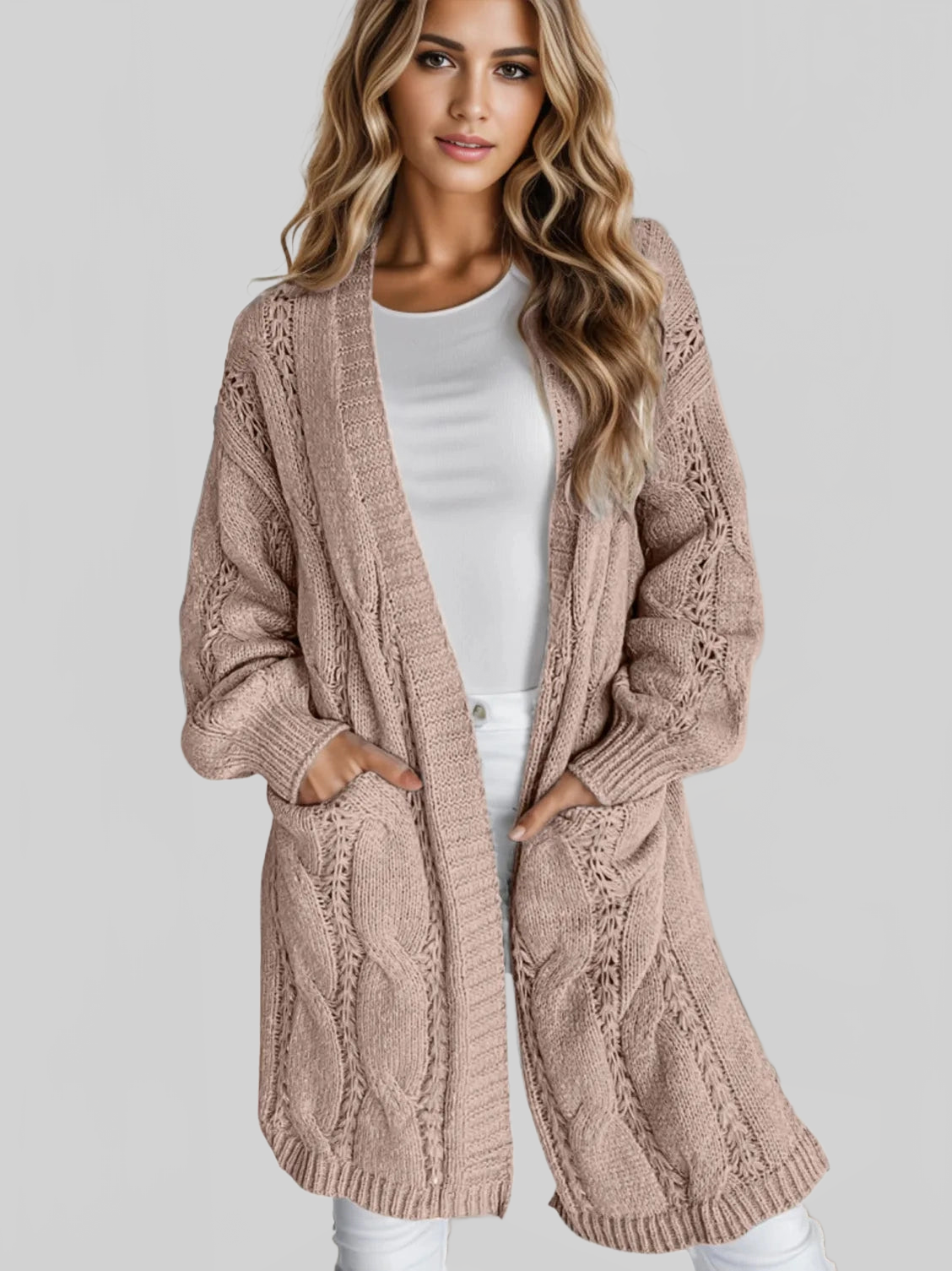 Women Cable-Knit Dropped Shoulder Slit Cardigan nicholesgifts