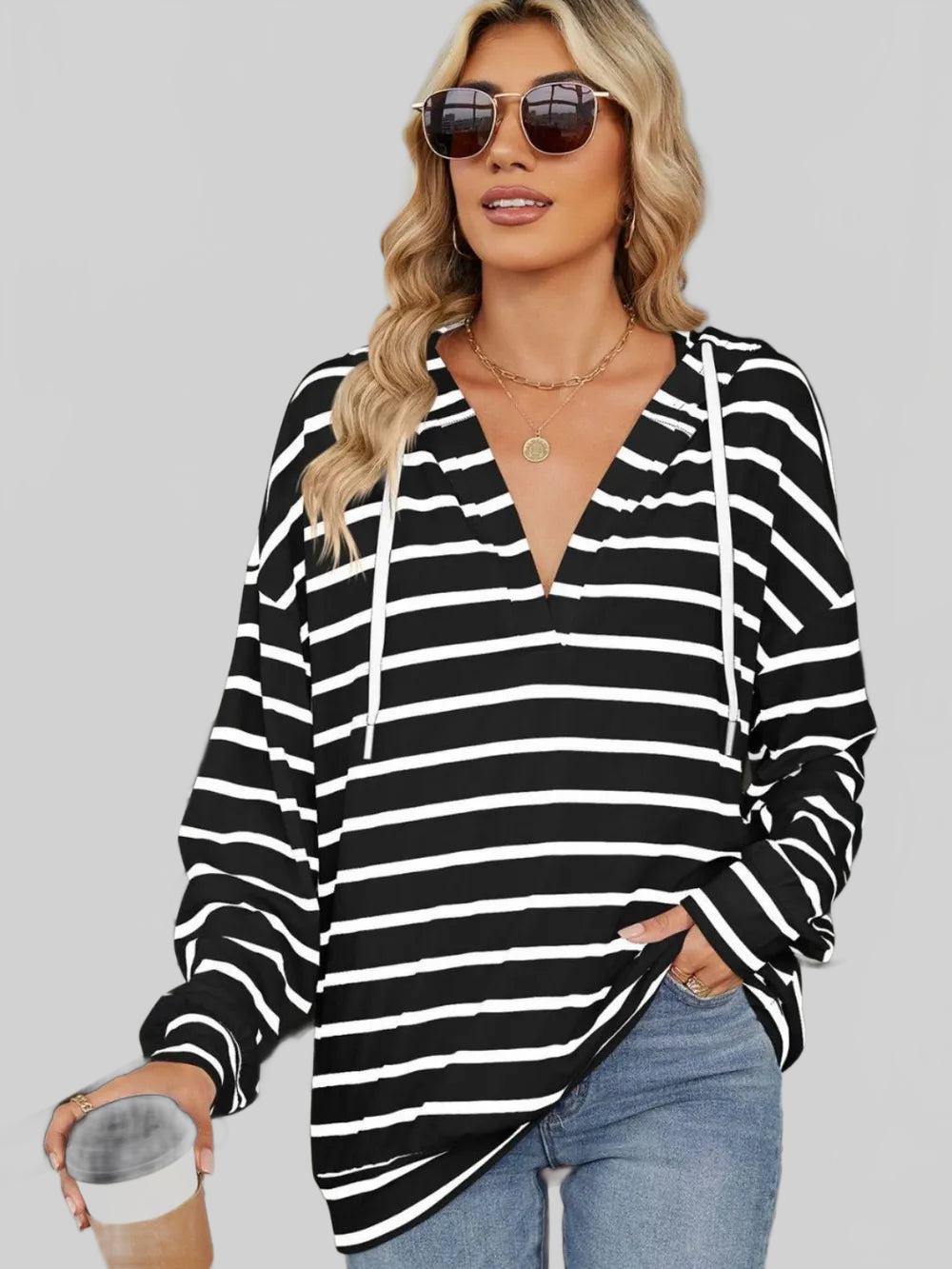 Drawstring Striped Long Sleeve Hoodie NicholesGifts