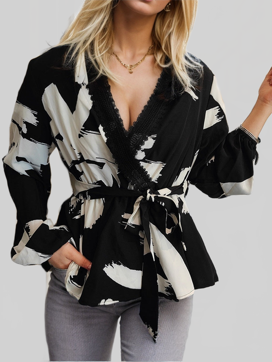 Women Printed Tie Front Lace Detail Cardigan NicholesGifts