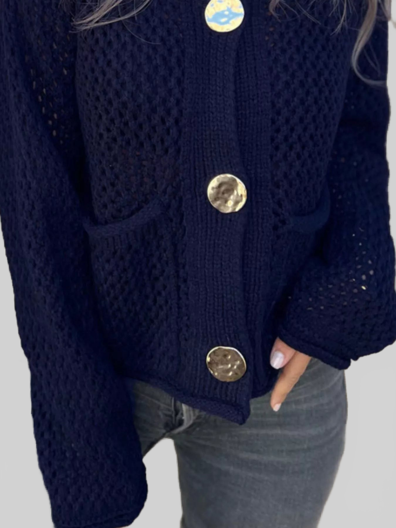 Crochet Button Up Long Sleeve Cardigan nicholesgifts
