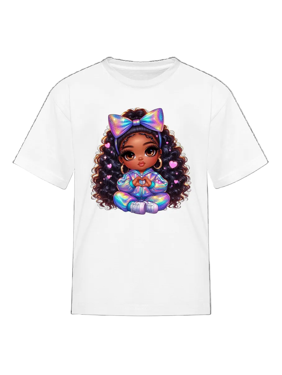African American Girls Pretty Bow and Hearts Short Sleeve Crewneck T-Shirt nicholesgifts