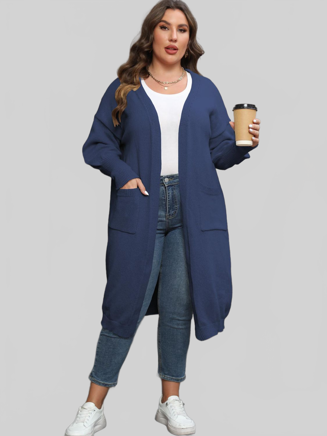 Plus Size Long Sleeve Pocketed Cardigan Trendsi