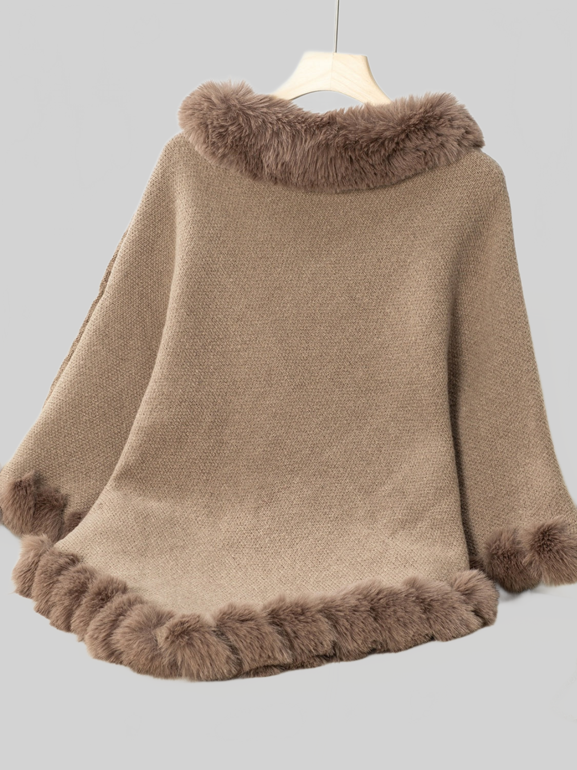 Women Fuzzy Trim Texture Three-Quarter Sleeve Poncho nicholesgifts