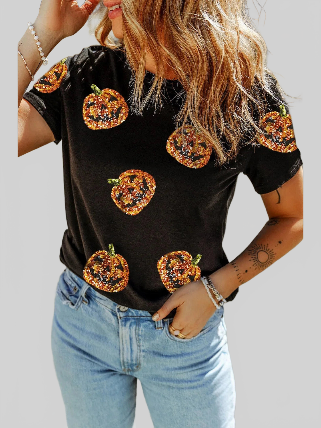 Sequin Pumpkin Round Neck Short Sleeve T-Shirt nicholesgifts