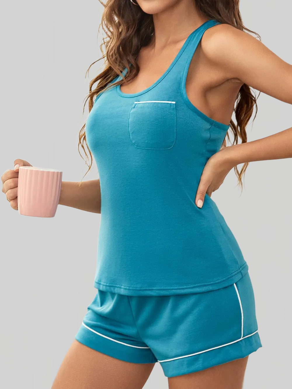 Scoop Neck Wide Strap Tank and Shorts Lounge Set nicholesgifts