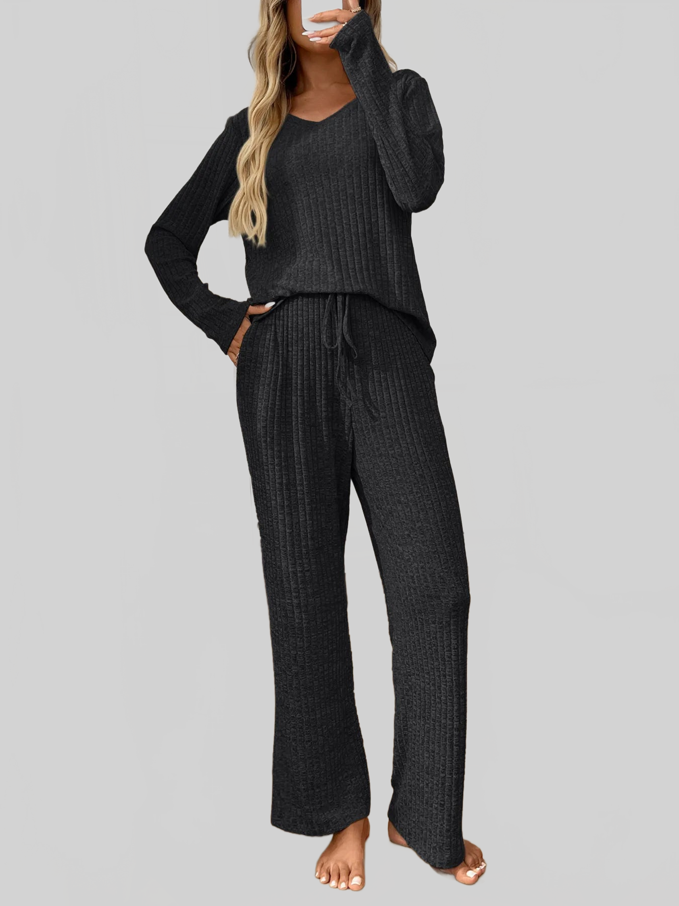 Ribbed Long Sleeve Top and Pants Lounge Set nicholesgifts