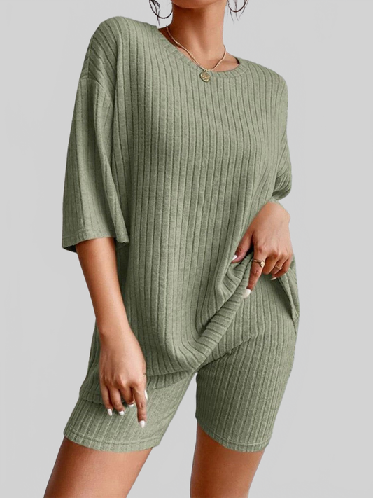 Round Neck Ribbed Top and Shorts Lounge Set nicholesgifts