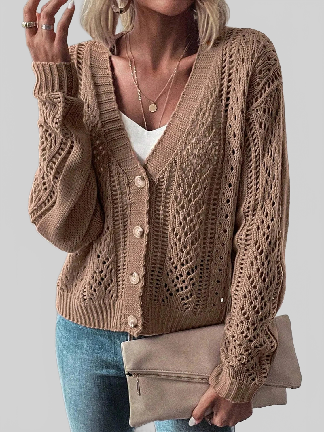 Openwork Button Up Long Sleeve Cardigan nicholesgifts
