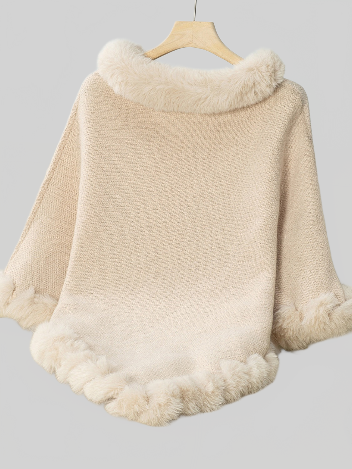 Women Fuzzy Trim Texture Three-Quarter Sleeve Poncho nicholesgifts
