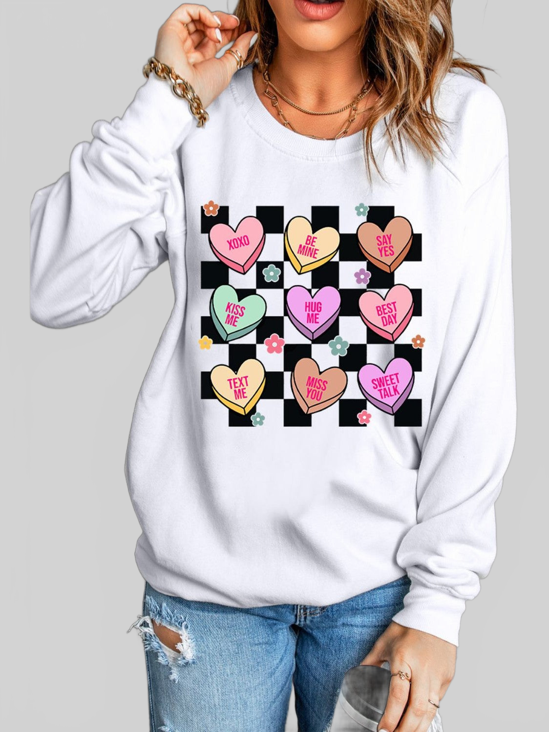 Women Valentine's Day Checkered Heart Long Sleeve Sweatshirt NicholesGifts
