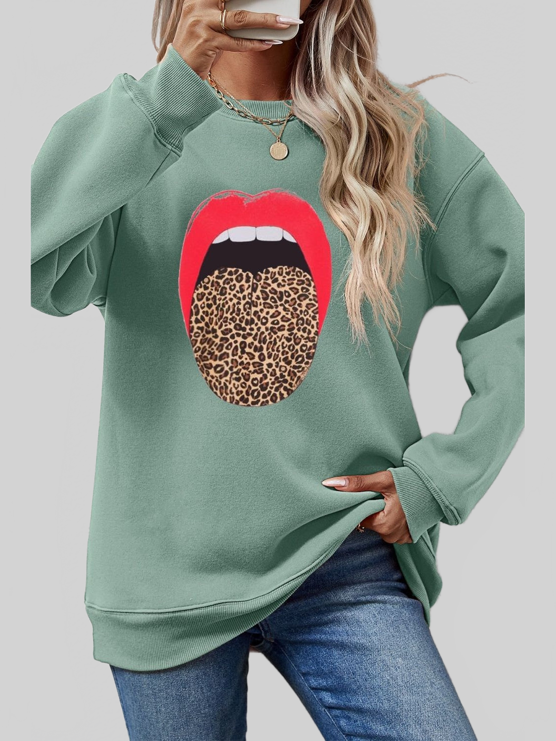 Women Leopard Lip Graphic Round Neck Sweatshirt NicholesGifts