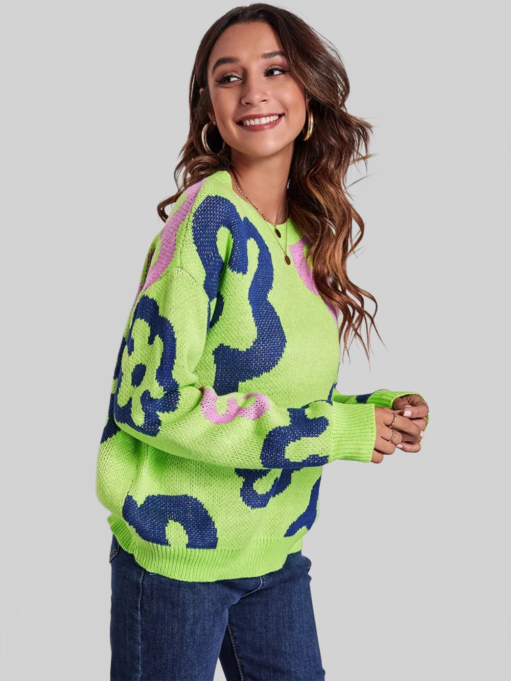 Flower Pattern Round Neck Long Sleeve Sweater nicholesgifts