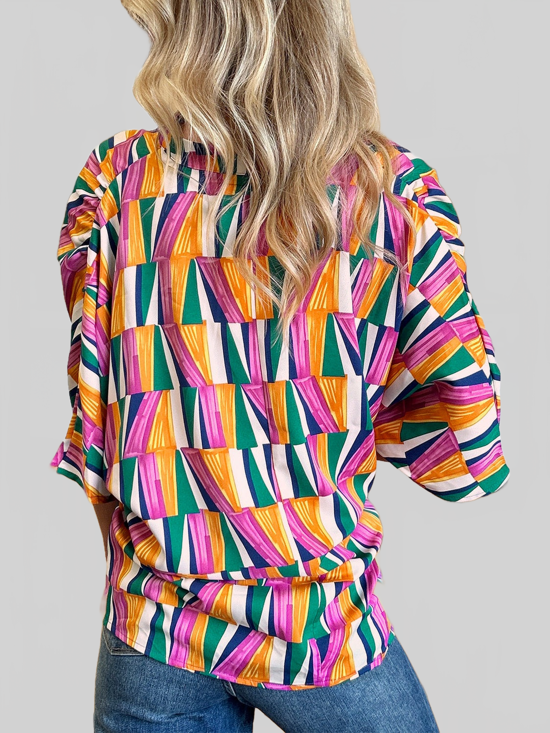 Women Double Take Full Size Geometric Notched Dolman Sleeve Top nicholesgifts