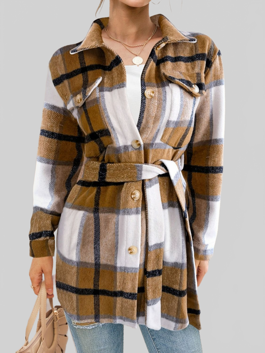 Women FAM-FAM Tied Plaid Button Up Shacket NicholesGifts