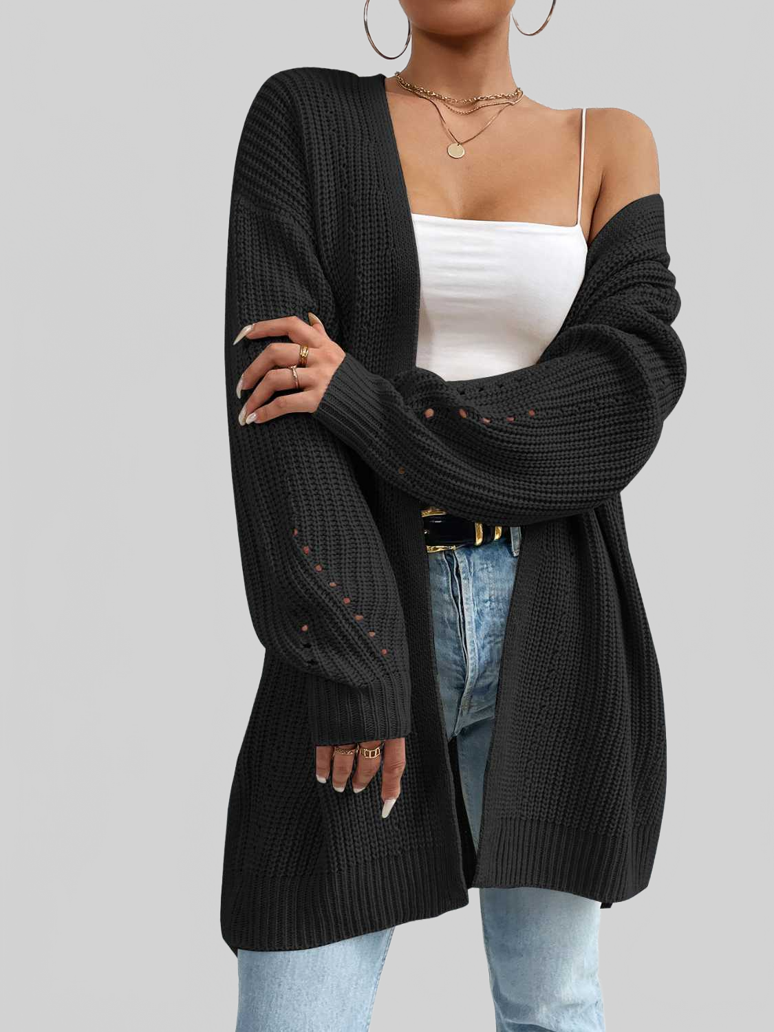 Open Front Dropped Shoulder Slit Cardigan nicholesgifts