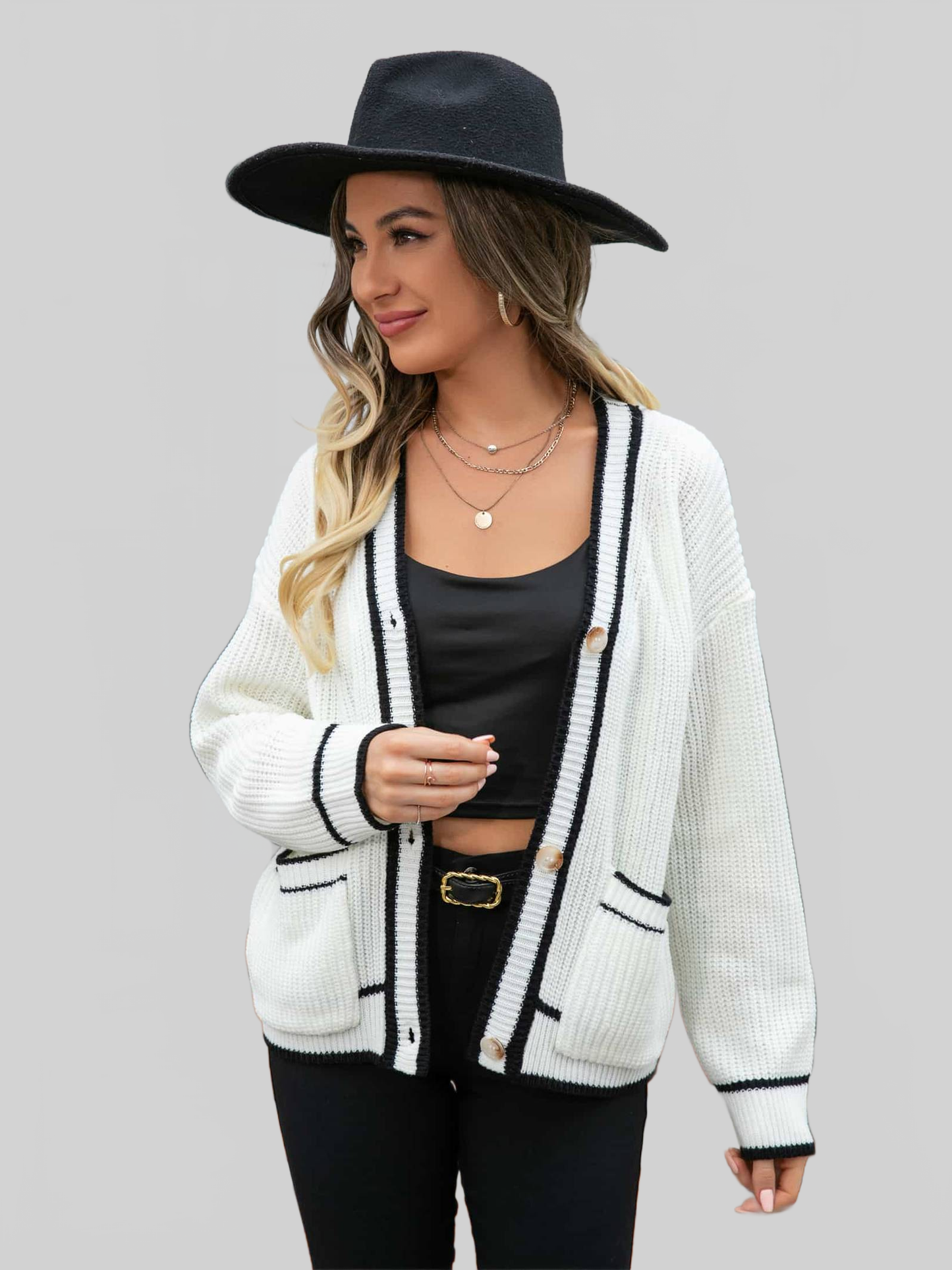 Angel Wings Waffle Knit V-Neck Cardigan with Pocket nicholesgifts