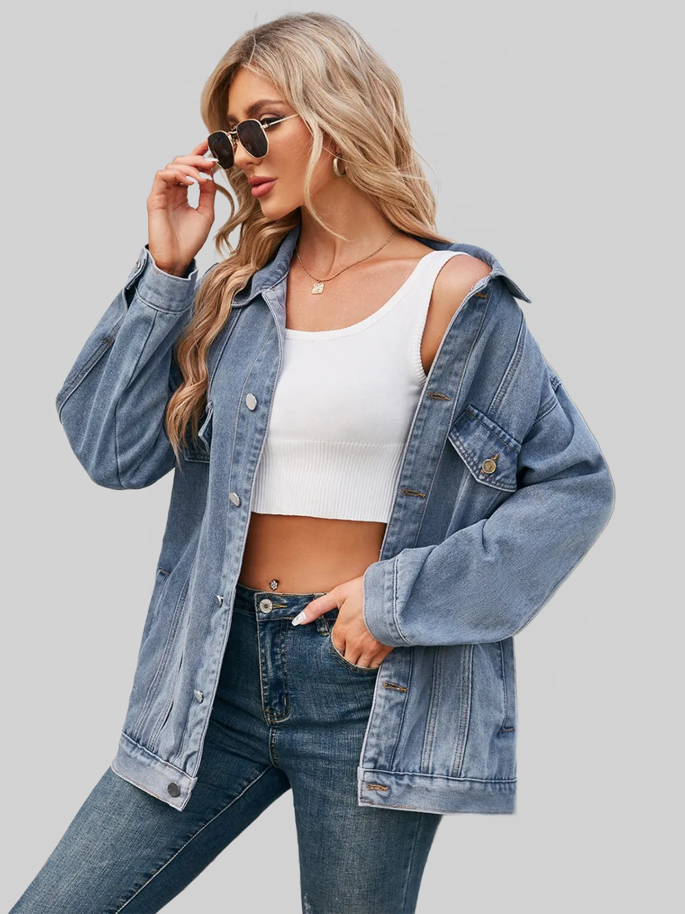 Button Up Long Sleeve Denim Jacket nicholesgifts
