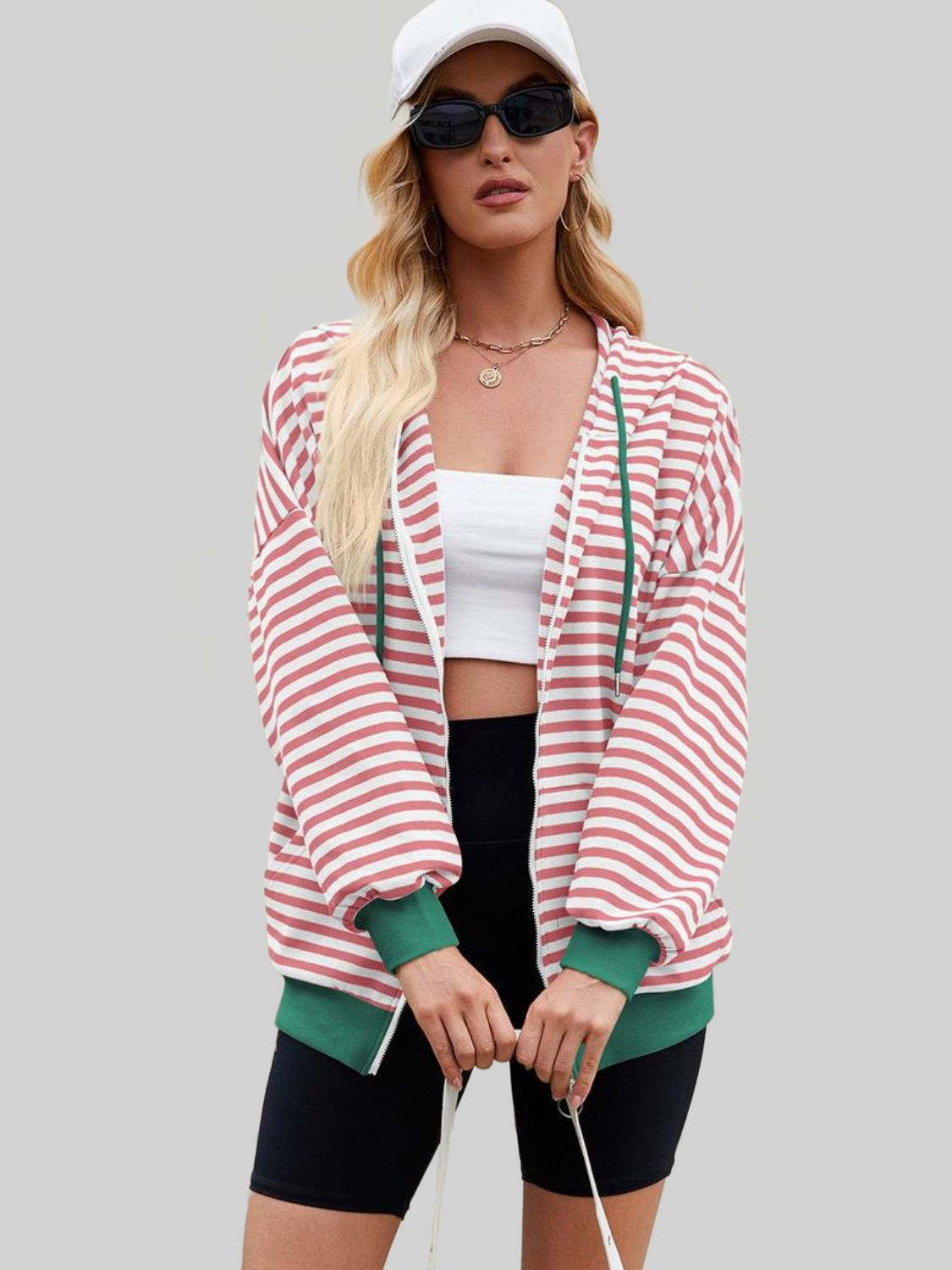 Women Drawstring Striped Zip Up Long Sleeve Hoodie nicholesgifts