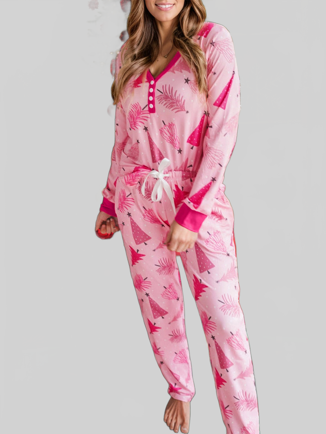 Women Printed V-Neck Long Sleeve Top and Pants Lounge Set nicholesgifts