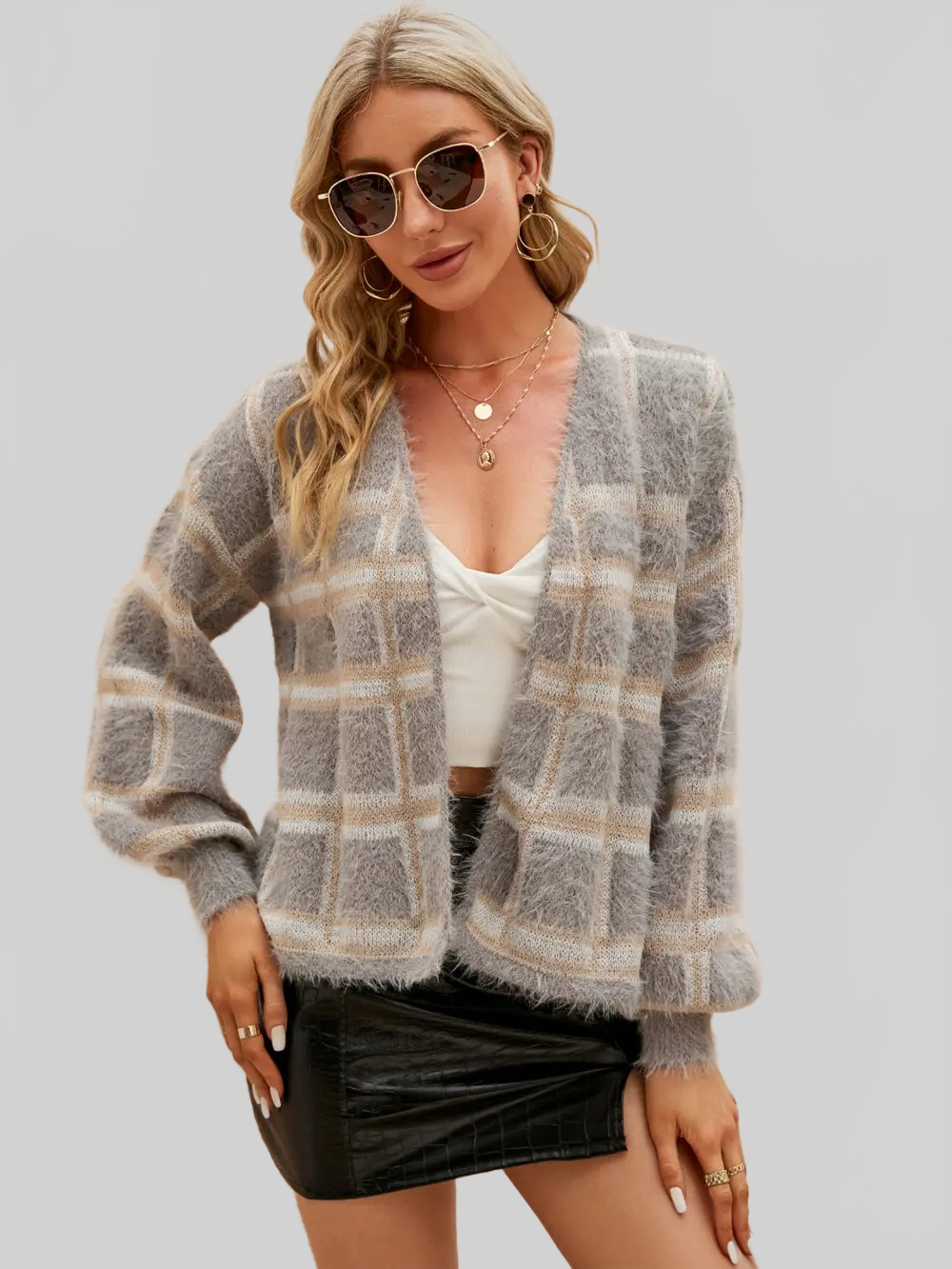 Women Open Front Plaid Long Sleeve Cardigan nicholesgifts