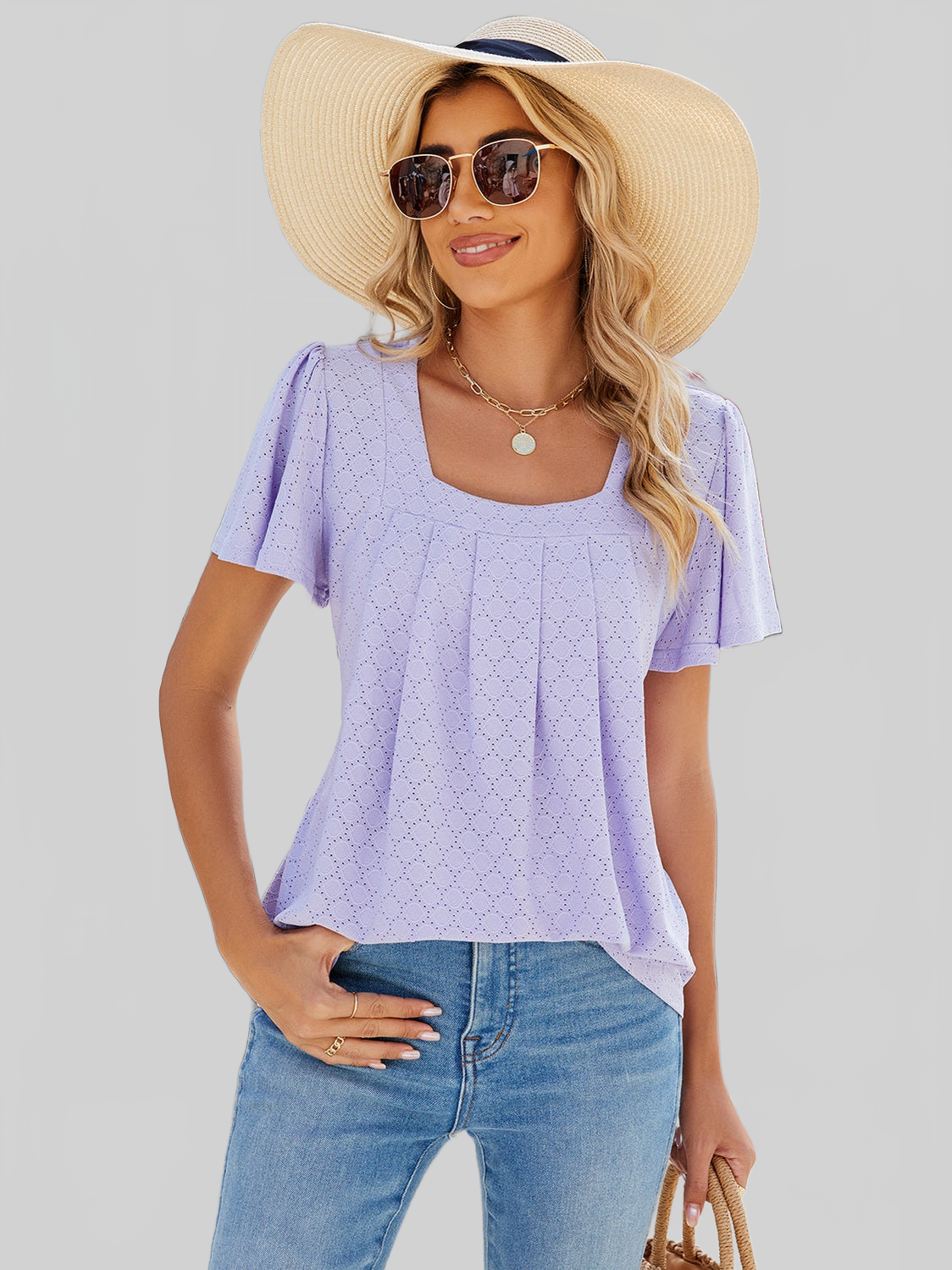 Women Eyelet Square Neck Flutter Sleeve Blouse nicholesgifts
