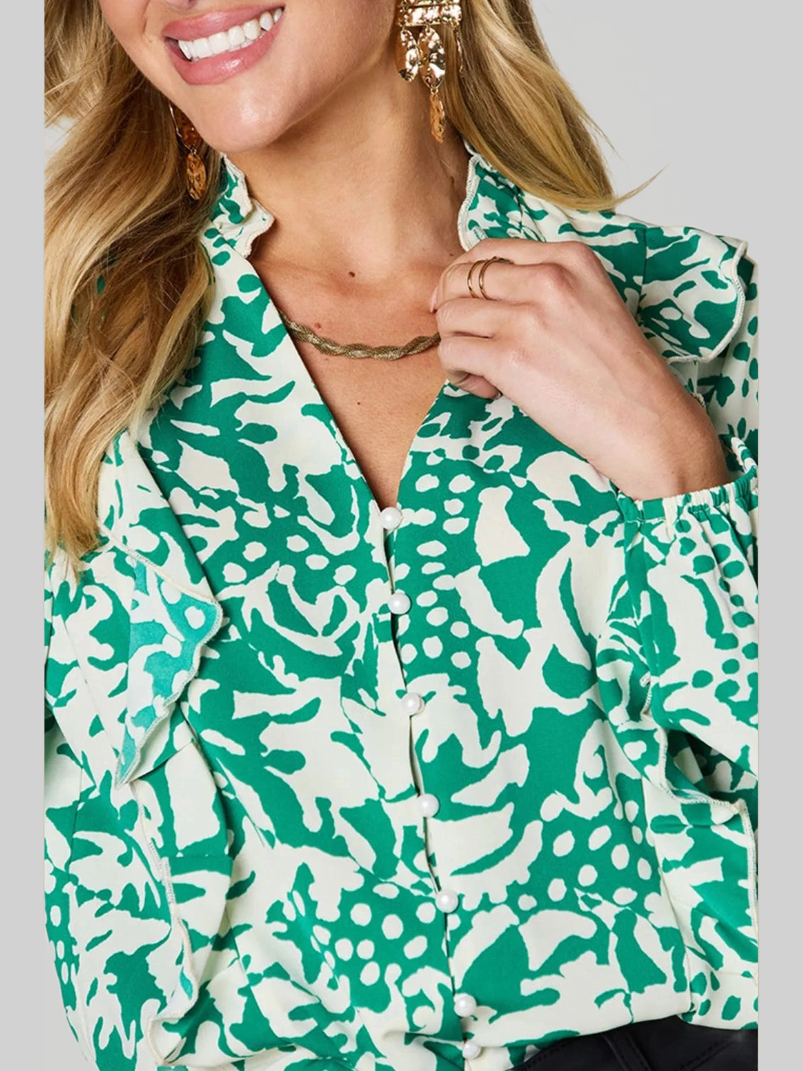 Women Double Take Full Size Printed Ruffle Trim Balloon Sleeve Shirt NicholesGifts