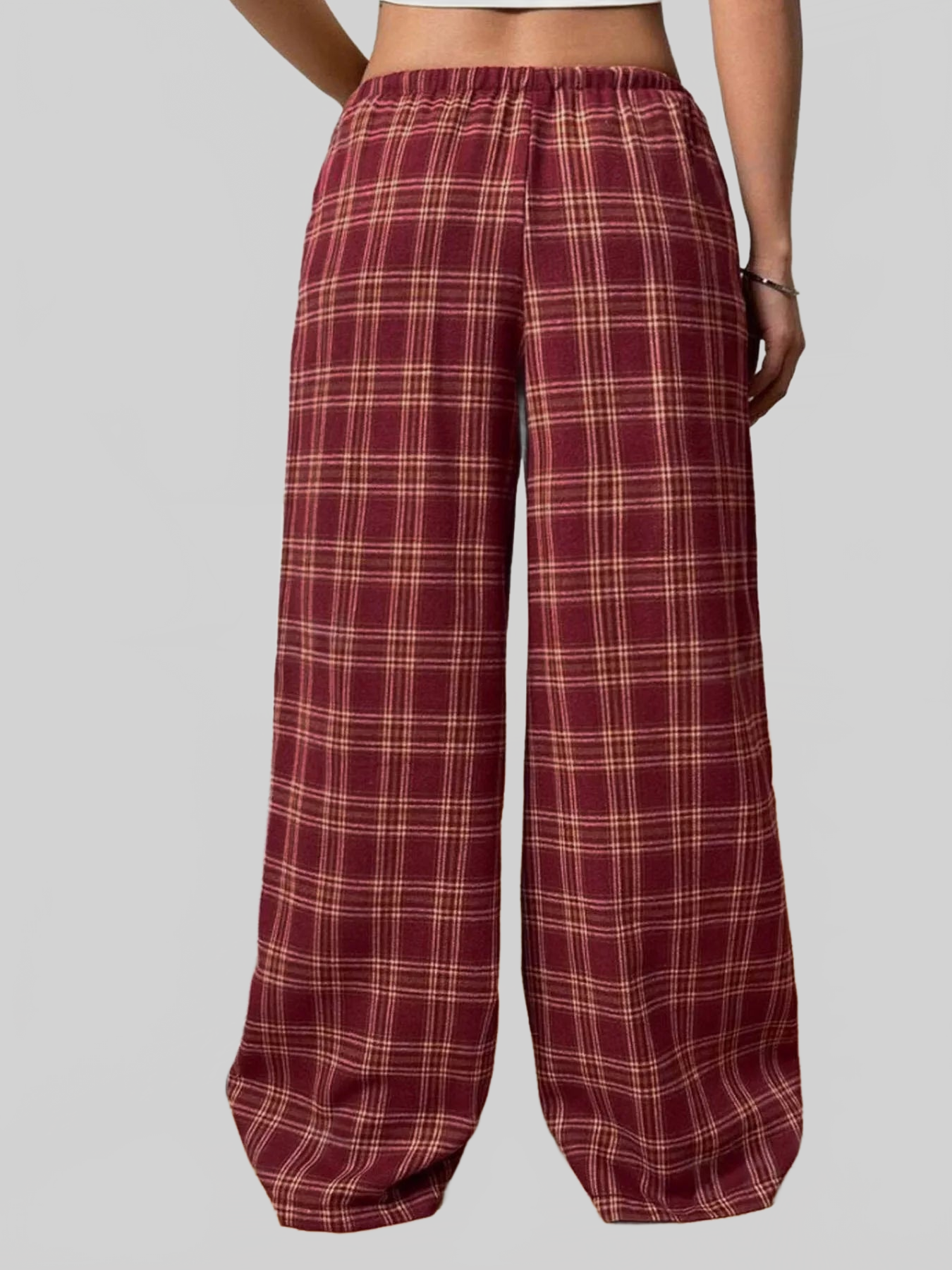 Women Plaid Drawstring Wide Leg Pants nicholesgifts