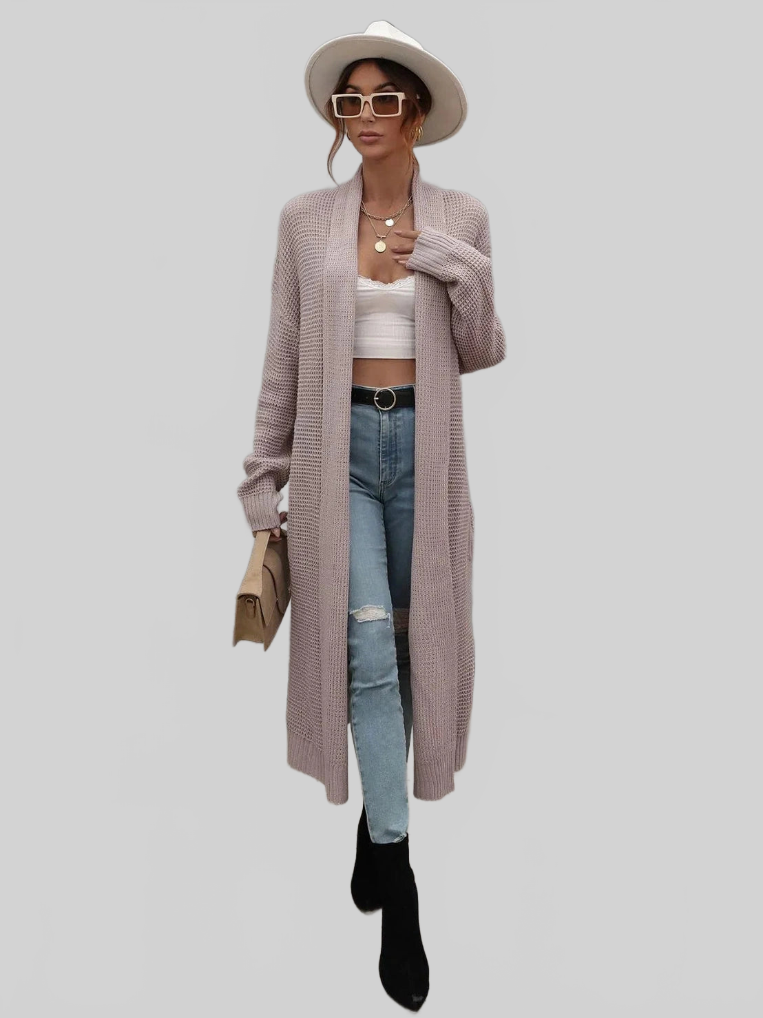 Waffle Knit Open Front Duster Cardigan With Pockets nicholesgifts