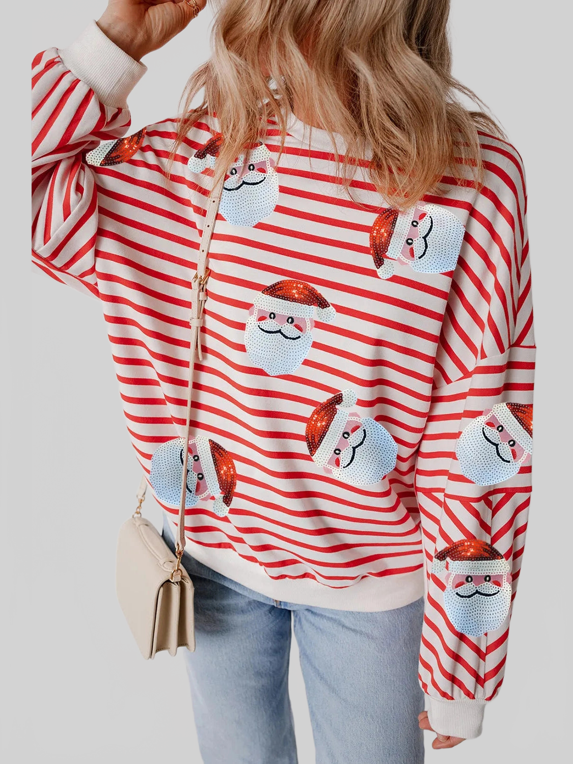 Women Christmas Sequin Santa Striped Round Neck Long Sleeve Sweatshirt nicholesgifts