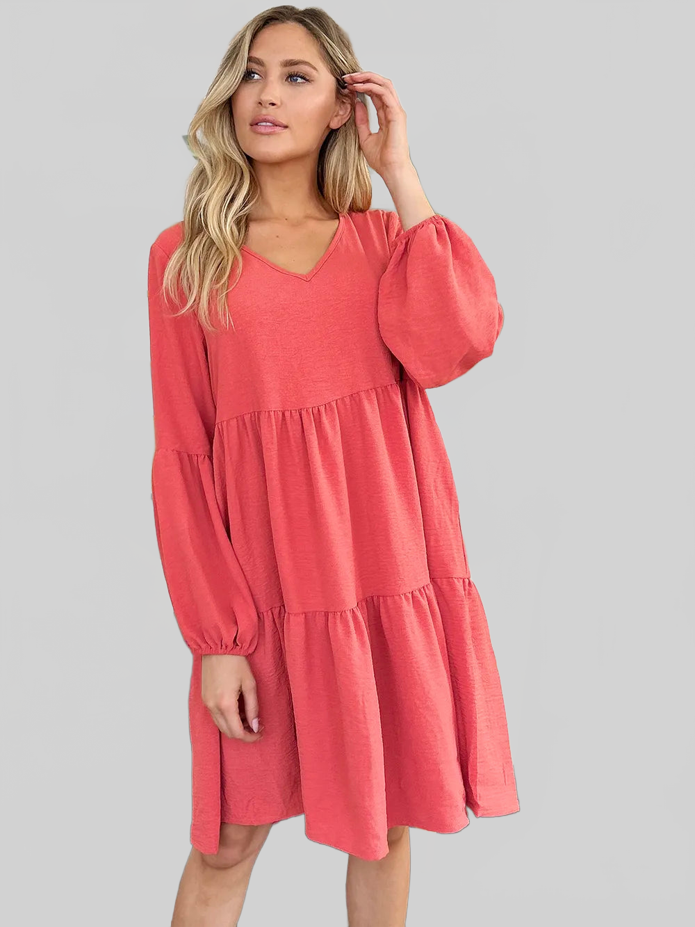 Double Take Full Size V-Neck Balloon Sleeve Tiered Dress with Pockets nicholesgifts