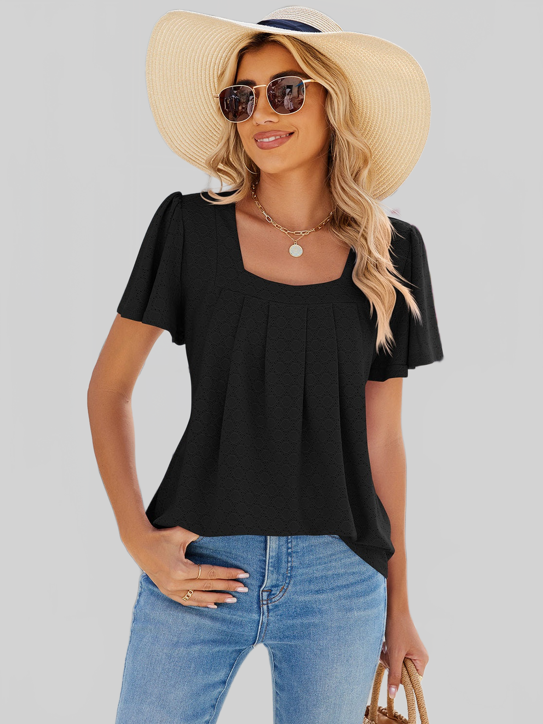 Women Eyelet Square Neck Flutter Sleeve Blouse nicholesgifts