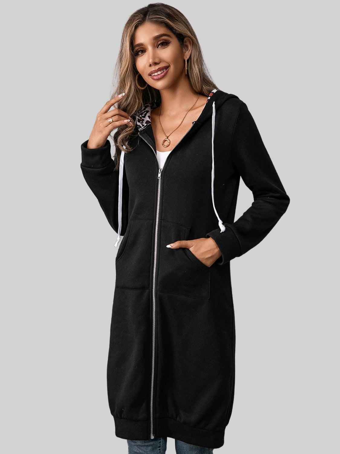 NicholesGifts Women Ivy Lane Leopard Spliced Drawstring Zip Up Hoodie Dress NicholesGifts