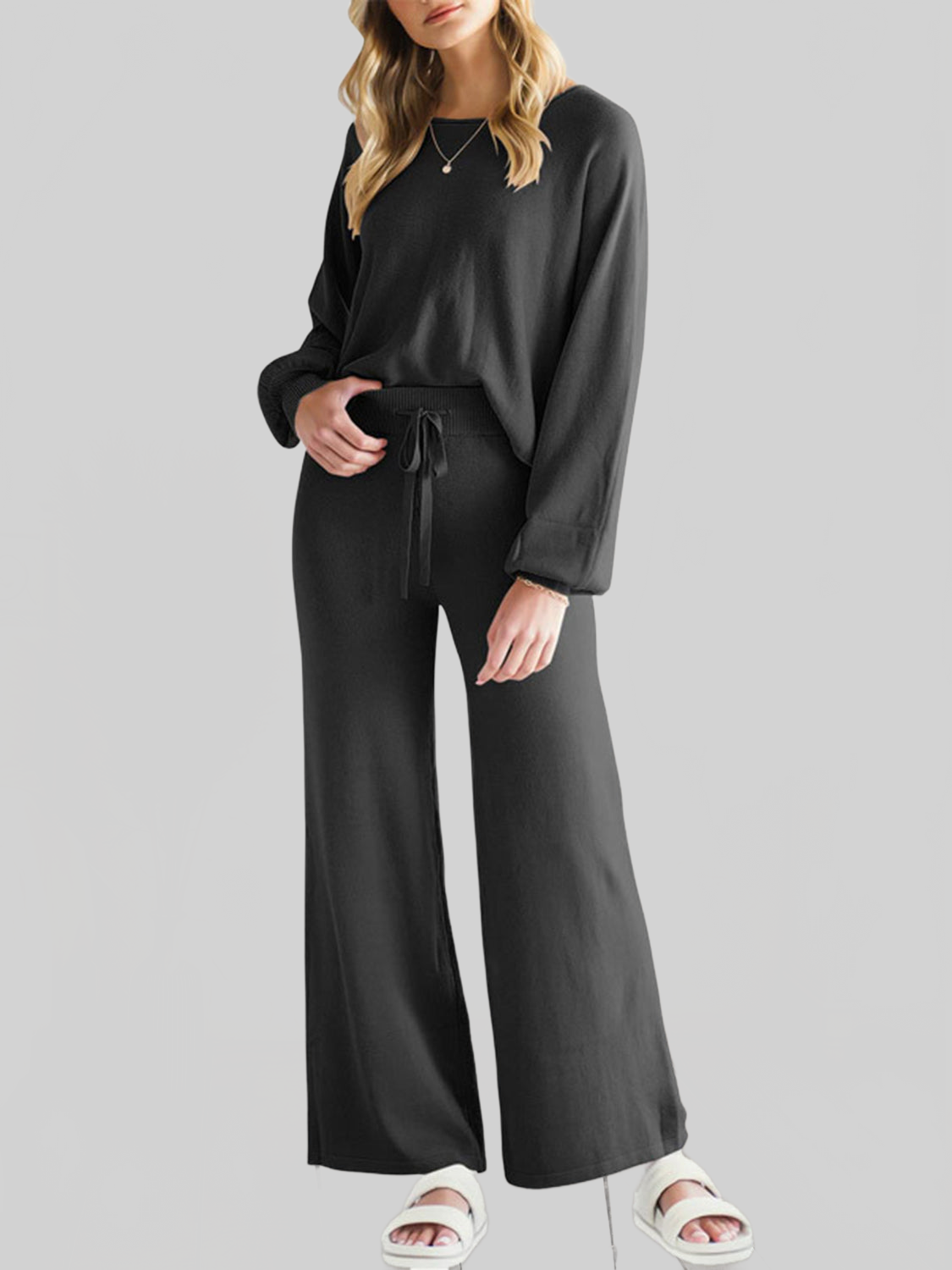 Long Sleeve Lounge Top and Drawstring Pants Set nicholesgifts
