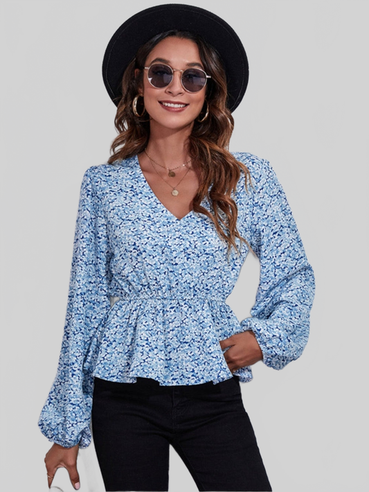 Women Women Floral V-Neck Balloon Sleeve Peplum Blouse NicholesGifts