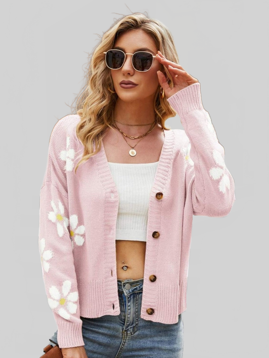 Women Floral Ribbed Trim Drop Shoulder Cardigan Sweater NicholesGifts