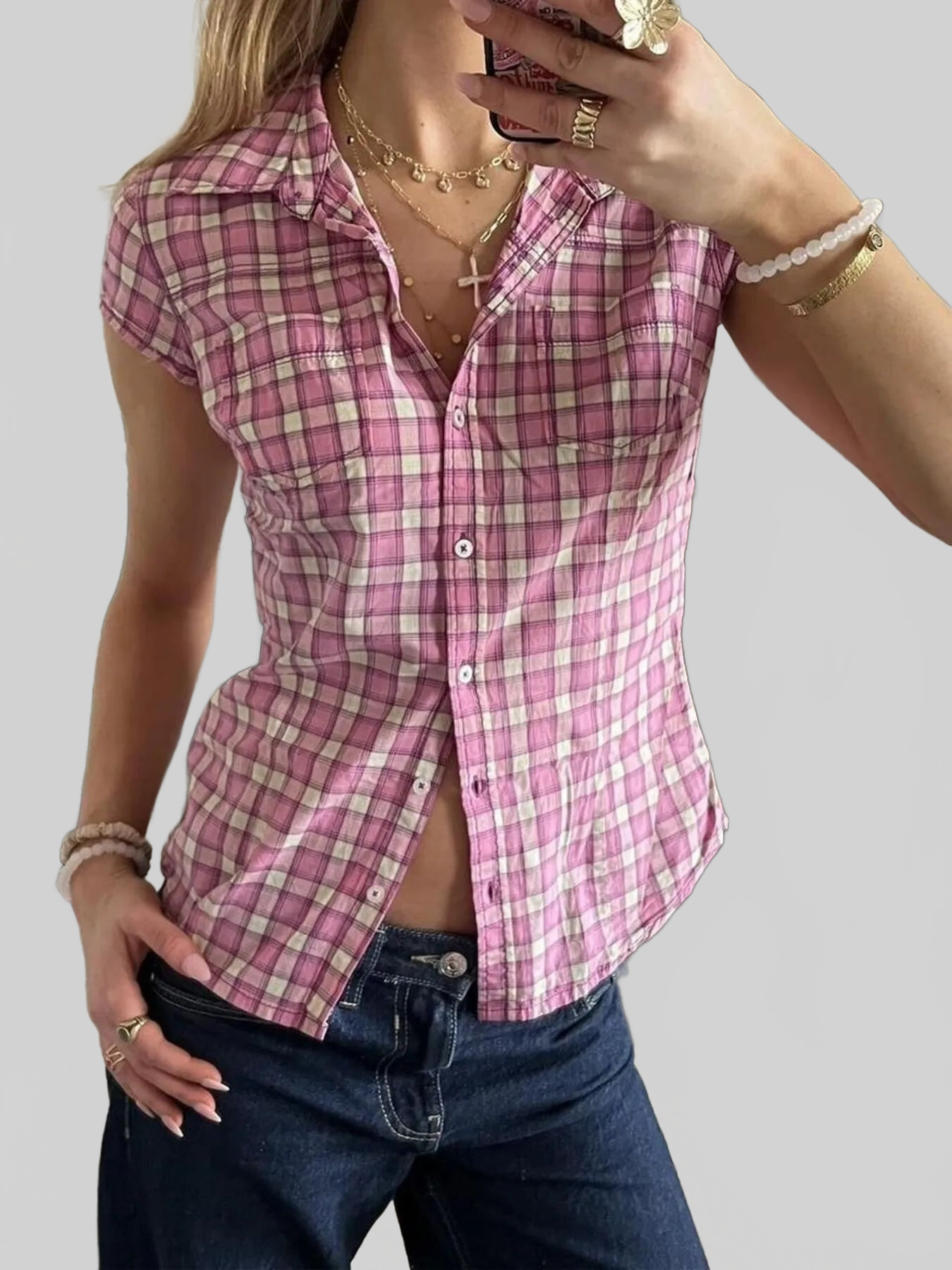 Plaid Cap Sleeve Button-Up Shirt Trendsi
