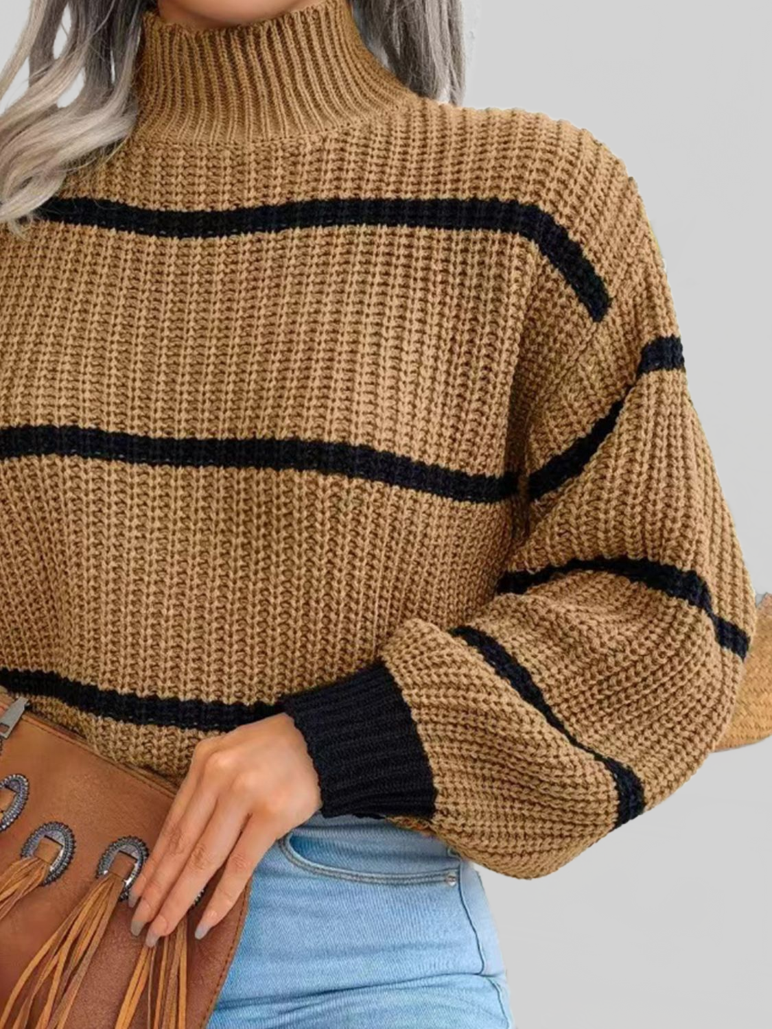 Striped Mock Neck Dropped Shoulder Sweater NicholesGifts