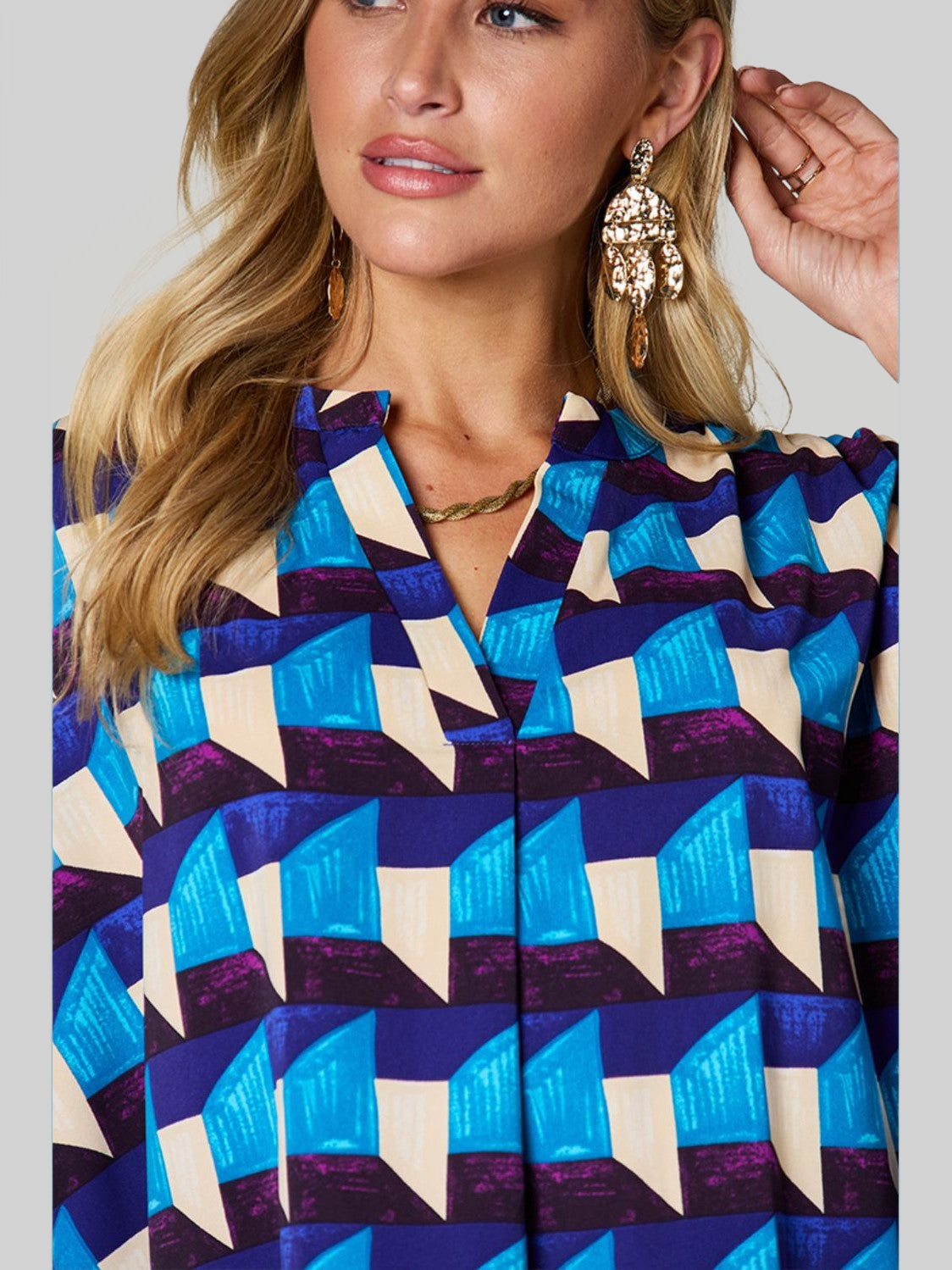 Women Double Take Full Size Geometric Notched Half Sleeve Blouse nicholesgifts