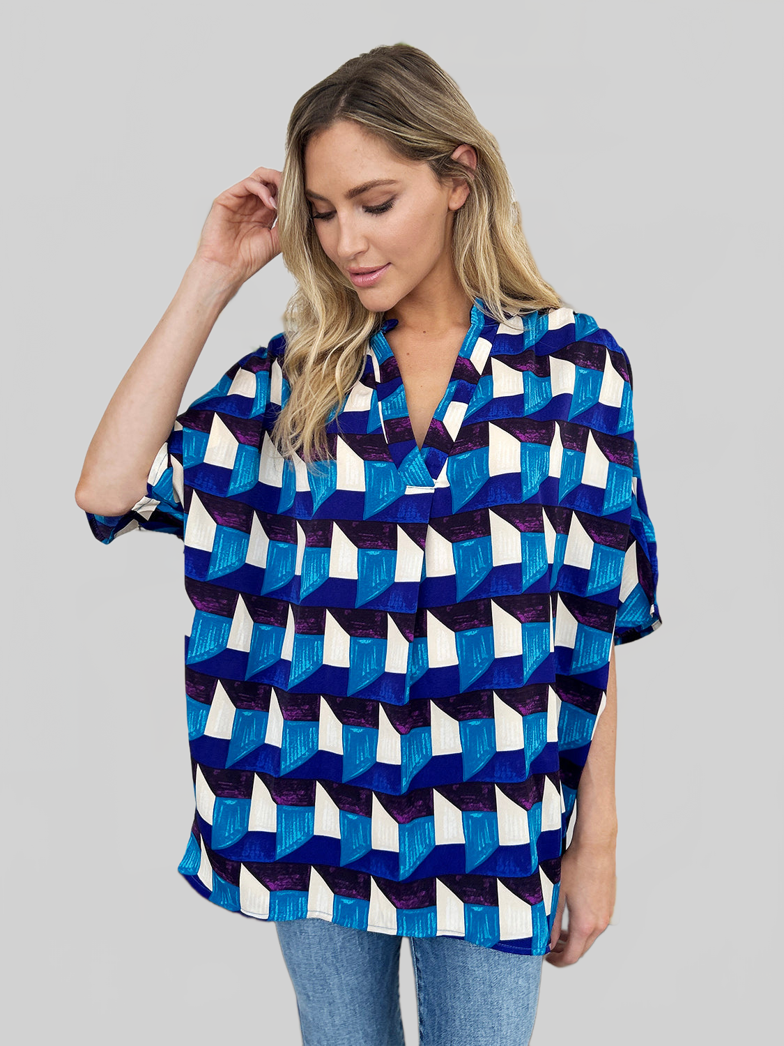 Women Double Take Full Size Geometric Notched Half Sleeve Blouse nicholesgifts