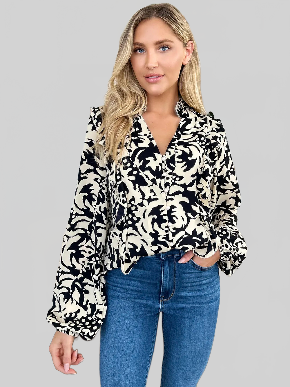 Women Double Take Full Size Printed Ruffle Trim Balloon Sleeve Shirt NicholesGifts
