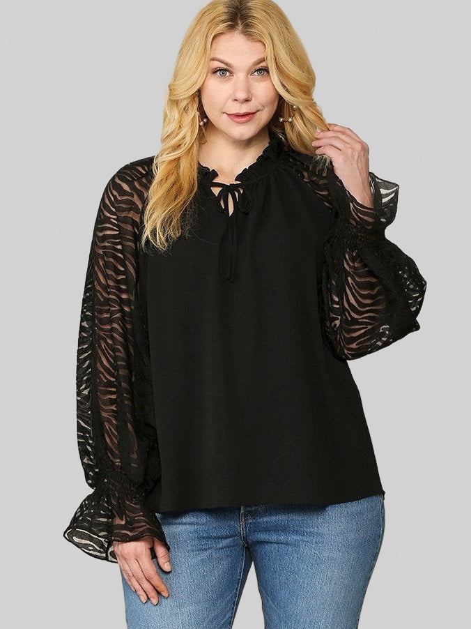 Plus Size Women Zebra Burnout Sleeve Ruffled Neck Bubble Crepe Blouse NicholesGifts