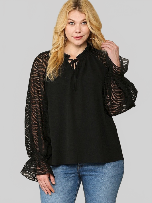 Plus Size Women Zebra Burnout Sleeve Ruffled Neck Bubble Crepe Blouse NicholesGifts