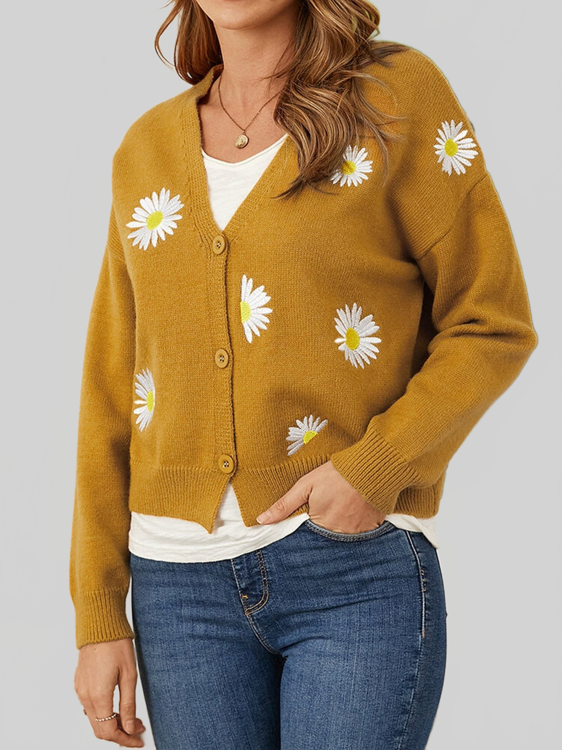 Women Flower Button Front Dropped Shoulder Cardigan nicholesgifts