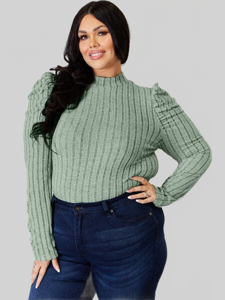 Basic Full Size Ribbed Mock Neck Puff Sleeve T-Shirt nicholesgifts