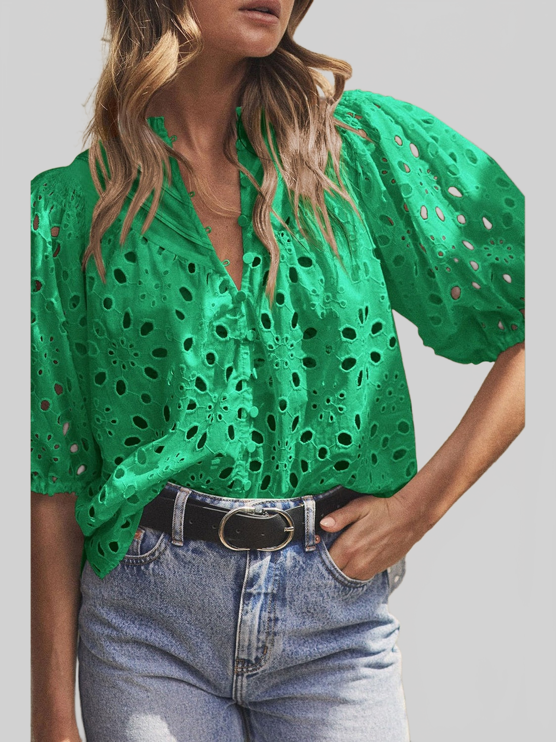 Women Eyelet Button Up Half Sleeve Blouse nicholesgifts