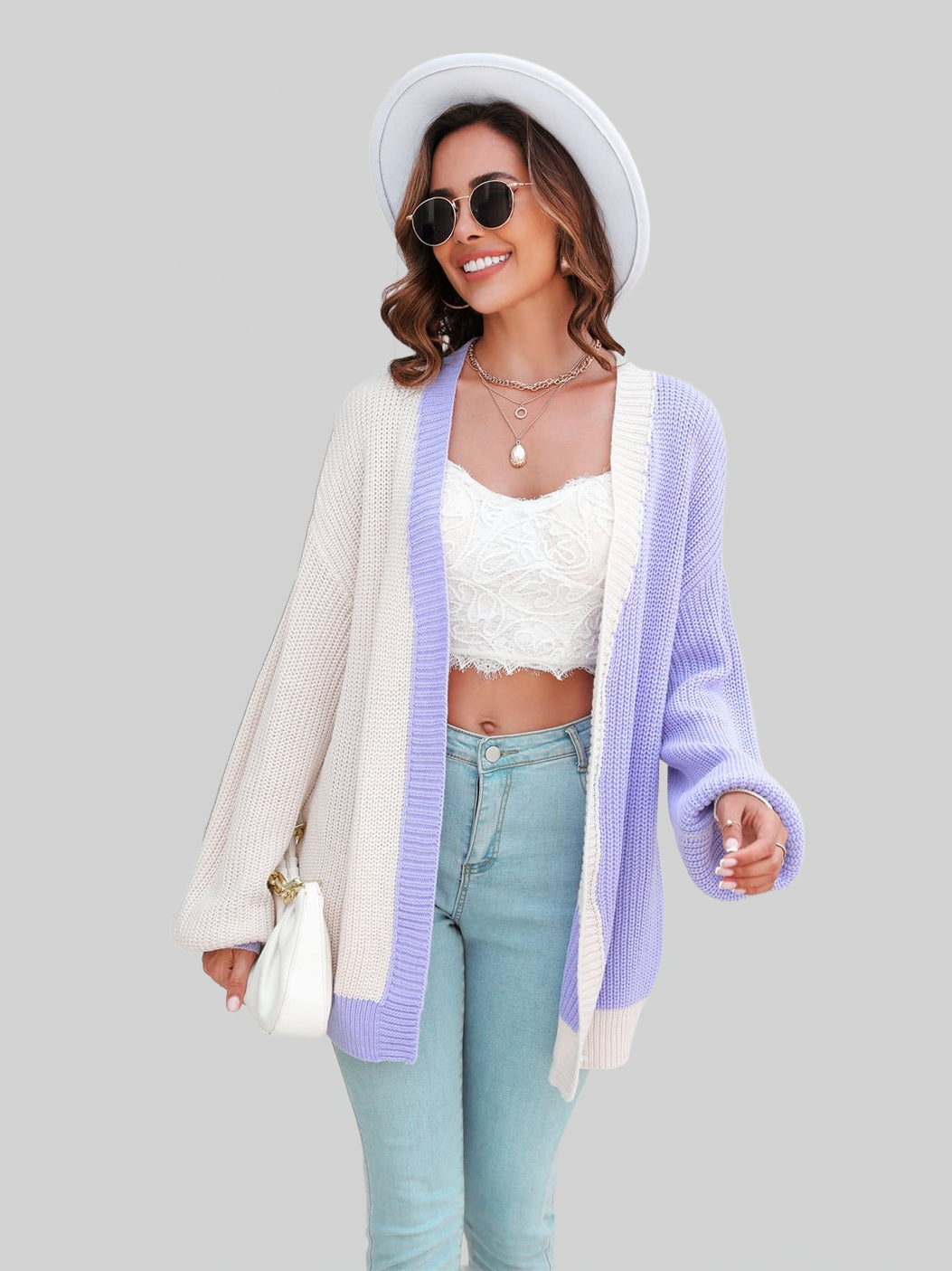 Angel Wings Open Front Contrast Color Balloon Sleeve Cardigan nicholesgifts